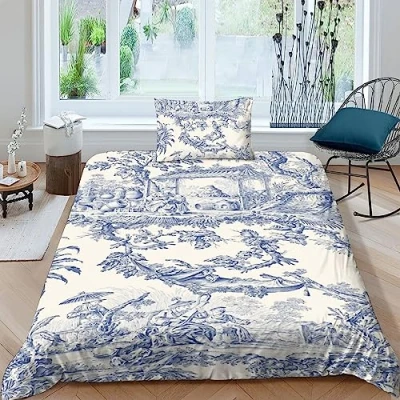 Image of LENTLY Motif of Toile De Jouy Bedding Set 3D Duvet Cover Soft Microfiber Quilt with Pillowcases, Comforter 2 Piece Single（135x200cm）
