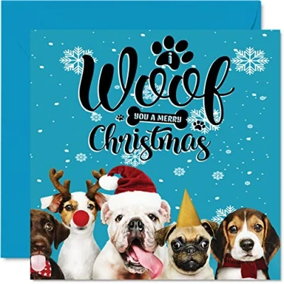 Image of Dog Christmas Cards for Women Men Doggy Happy Xmas Card To All The Family Mum Dad Sister Brother Cousin Uncle Auntie, 145mm x Single Pet Greeting Gift