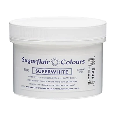 Image of Sugarflair Superwhite Icing Whitener Food Colouring Powder For Whitening Buttercream, Sugar Paste, Royal Icing, Modelling Pastes, Chocolate and more 150g