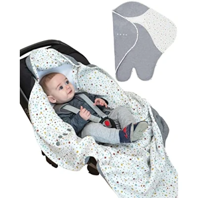 Image of PurFlo Cosy Wrap Travel Blanket Luxury Cotton Lining &amp; Soft Fleece Outer Breathable Car Seat Pram Star Safer Alternative to a Loose Baby 0 9 Months Scandi Spot