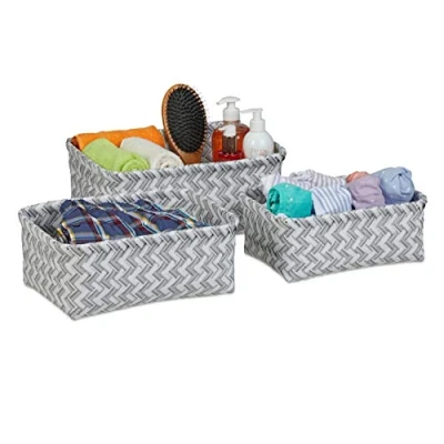 Image of Relaxdays Set of 3 Storage Baskets, Organisers in Sizes, Wicker, Bathroom Tidy, Decorative Box, Rectangular, Grey