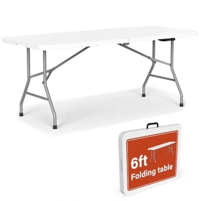 Image of Vivo Technologies 6ft Trestle Table Indoor Outdoor Garden Catering Folding with Handle Plastic Picnic Foldable Portable for Party Dinner Camping Hiking White