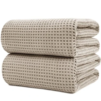 Image of POLYTE Microfibre Quick Dry Lint Free Bath Sheet, 89 x 178 cm, Set of 2 (Beige, Waffle Weave)