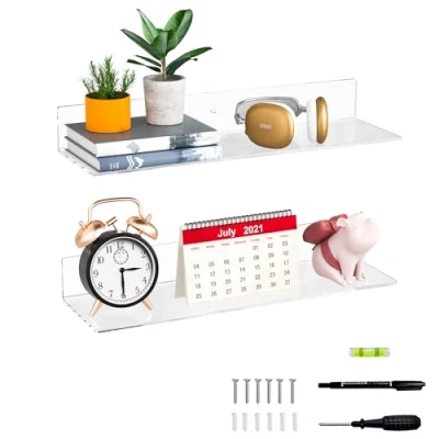 Image of Sezanrpt 20 Inch Clear Wall Shelves for Wall, Mounted Acrylic Floating Shelf Plants, Speaker, Radio, Funko Pop, Stuffed Animal, Books, Cosmetics, Toiletries, 2 Pack (20 Inch)