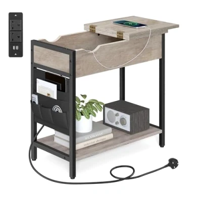 Image of VASAGLE Slim Side Table with Charging Station, Narrow Bedside Storage, End USB Ports, Outlets, Fabric Bags, for Living Room, Bedroom, Heather Greige and Ink Black LET309B02