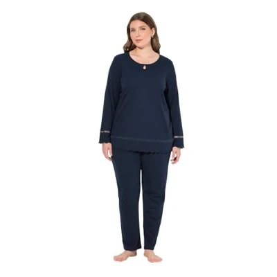 Image of Ulla Popken Women&#039;s Pyjama, Hohlsaum, Wellenkanten, Rundhals, Langarm Pajama Set, Midnight Blue, 46 48