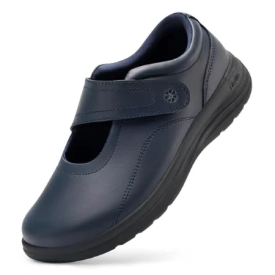 Image of FitVille Womens Wide Fit Leather Shoes, Comfortable Ladies Slip on Loafers with Adjustable Straps for Swollen Feet, Midnight Sapphire, 5.5 UK