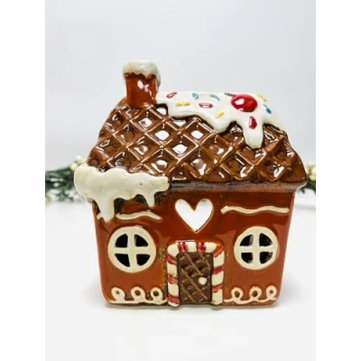 Image of Cottage Ceramic House Village Tealight Candle Holder Home Pottery Ornament (Gingerbread (17cms))