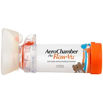 Image of CAMERA DISTANZIATRICE ANTISTATICA AEROCHAMBER PLUS FLOWVU MASCHERA PEDIATRICA SMALL 0 18 MESI ARANCIONE