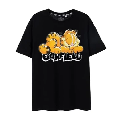 Image of Garfield Mens T Shirt in Black Sleeping Short Sleeve Top for Adults Lightweight Retro Cartoon Graphic Tee Series Movie 90s Nostalgic Merchandise Gift Men