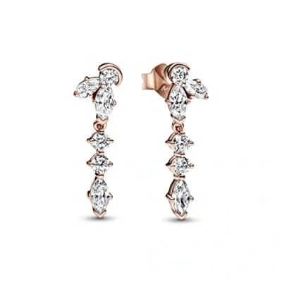 Image of Pandora Timeless Sparkling Herbarium cluster 14k rose gold plated unique metal blend drop earrings with clear cubic zirconia