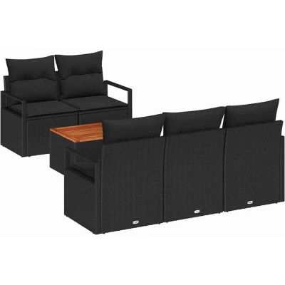 Image of vidaXL 6 Piece Garden Sofa Set with Cushions Black Poly Rattan Acacia