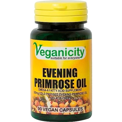 Image of Veganicity Evening Primrose Oil 500mg (10% GLA) : Omega 6 Plant Supplement 90 Vegan Capsules, in a Planet Friendly 99% Recycled Pot