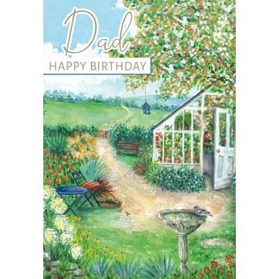 Image of Noel Tatt &#039;Dad&#039; Birthday Card Peaceful Garden &amp; Greenhouse with Foil Details Eco Friendly Recyclable
