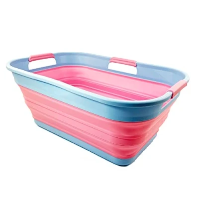 Image of SAMMART 21L Collapsible Plastic Storge Basket Foldable Pop Up Storage Container/Organizer Portable Washing Tub Space Saving Hamper/Basket (Cool Blue/Maglia Rosa)