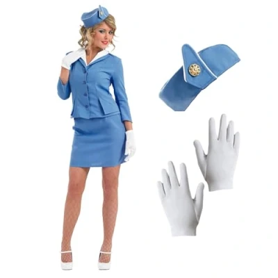 Image of Fun Shack Womens Blue Cabin Crew Costume Adults Air Hostess Suit Uniform Outfit, Blue, XL