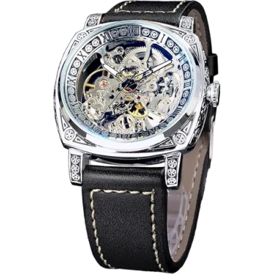 Image of FORSINING Square Luxury Retro Mechanical Watch for Men, Gorgeous Hollow Skeleton Self Wind Carved Automatic Watches Vintage Leather Strap Wristwatch Silver Dail Black Strap, Silver,