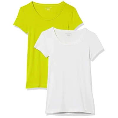 Image of Amazon Essentials Women&#039;s Slim Fit Cap Sleeve Scoop Neck T Shirt, Pack of 2, White/Lime Green, S