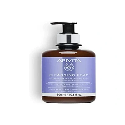 Image of Apivita Face Cleansing Foam for &amp; Eyes 300ml Foaming Facial Cleanser Makeup Remover Natural Wash with Lavender, Olive and Propolis Gently Cleanses, Hydrates, Antioxidant Protection
