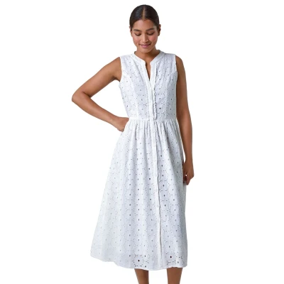 Image of Roman Womens Floral Cotton Broderie Midi Dress White Size 14 UK