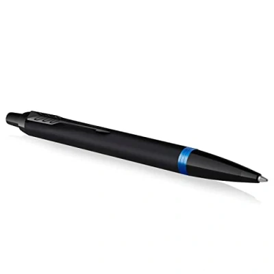 Image of Parker IM Vibrant Rings Ballpoint Pen Satin Black Lacquer with Marine Blue Accents Medium Point Ink Refill Gift Box