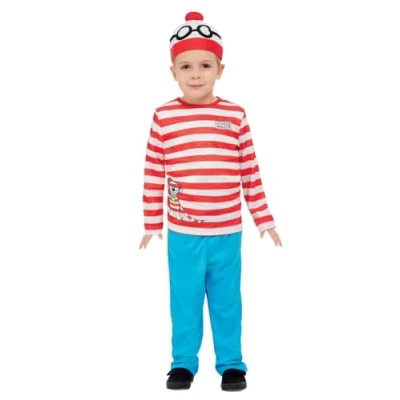 Image of Smiffys Where&#039;s Wally Costume, Toddler Costume Red &amp; White Hat, Top Trousers, Official License Outfit with Bobble Hat Printed Woof Dog Detail, Perfect for World Book Day or Halloween