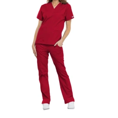 Image of CHEROKEE Women Woman Scrub Top Plus Size Originals Medical Clothing with Pockets V Neck WWE4700 Red 3XL