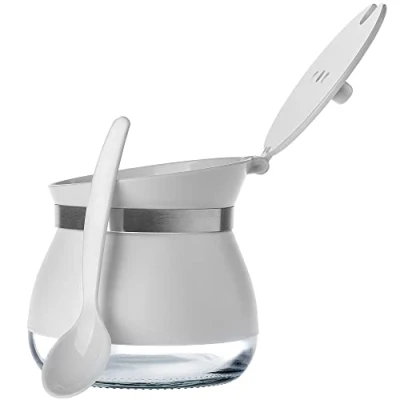 Image of KADAX Sugar Bowl with Spoon, 270 ml Container Made of Powder Coated Glass, 9 x cm Shaker in 2 Colours, Spice Jar Lid for Tea, (White)
