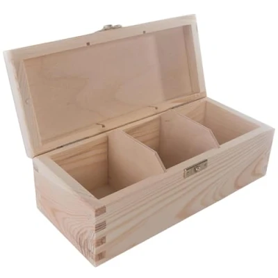 Image of Rectangular Oblong Wooden Box with 3 Sections &amp; Clasp 22.3 x 9.3 8 cm Accessories Storage Case Tea Bag Sewing Jewellery Caddy Organiser Divided Compartments Unpainted Decorative Wood