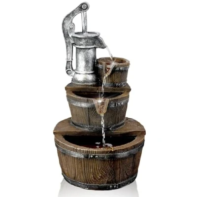 Image of GEEZY Garden Water Feature LED Fountain Indoor Outdoor Cascading Freestanding Polyresin Statue With Lights &amp; Decoration (Pump Barrel Fountain)