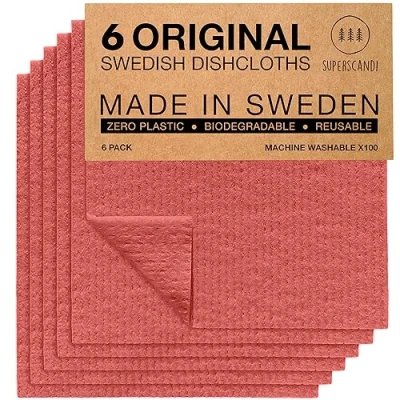 Image of SUPERSCANDI Swedish Dishcloths for Kitchen Red 6 Pack Reusable Compostable Cloth Made in Sweden Cellulose Sponge Dish Cloths Washing Dishes Paper Towels Washable