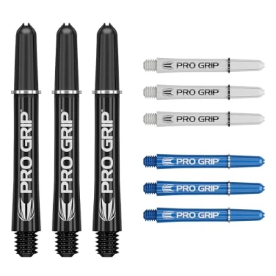 Image of TARGET Darts Pro Grip Shafts Set of 9 3 Colours, Black/White/Blue Intermediate, 41mm Dart Stems, Professional Accessories, 2BA Shaft Multipack with Rings