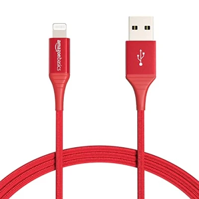 Image of Amazon Basics USB A to Lightning Charger Cable, Nylon Braided Cord, MFi Certified for Apple iPhone 14 13 12 11 X Xs Pro, Pro Max, Plus, iPad, 0.9 m, Red