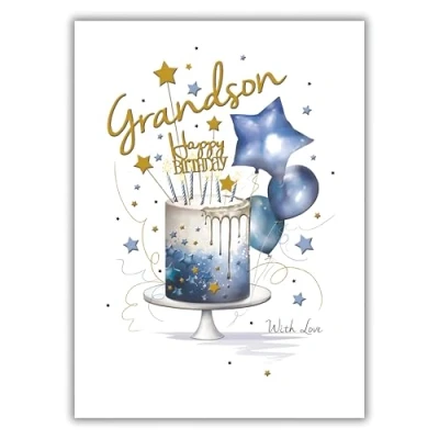 Image of Noel Tatt Grandson Birthday Card Cool Cake with Stars and Balloons Gold Blue Foil 3D Embellishment Eco Friendly Recyclable Made in England