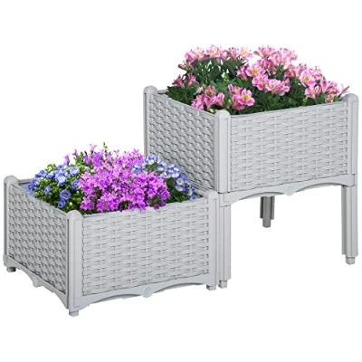 Image of Outsunny 40cm x 44cm Set of 2 26L Garden Raised Bed Elevated Patio Flower Plant Planter Box PP Vegetables Planting Container, Grey
