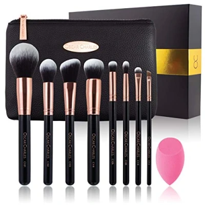 Image of Oscar Charles 8 Piece Professional Makeup Brush Set with Beauty Sponge and Luxury Clutch Cosmetic Bag Beautiful Gift Box Rose Gold