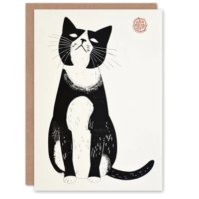 Image of Artery8 Personalised Cat Lover Black White Pet Japanese Woodblock Blank For Him Or Her Art Birthday Card