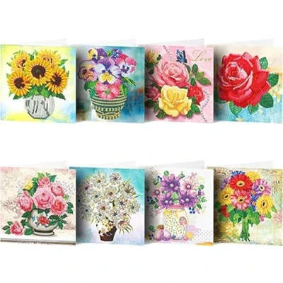 Image of DairyDing 8 Packs DIY 5D Diamond Painting Flowers Cards Kits for Adults Sunflower Rose Daisy Art Greeting Craft Gifts Valentine&#039;s Day Family and Friends