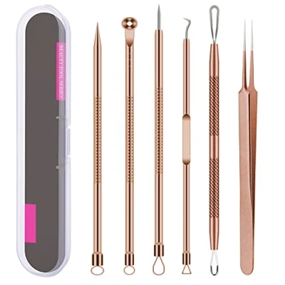 Image of Pimple Popper Tool Kit , 6 Pcs Blackhead Remover Acne Needle Tools Set Removing Treatment Comedone Whitehead Popping Zit for Nose Face Skin Blemish Extractor Rose Gold
