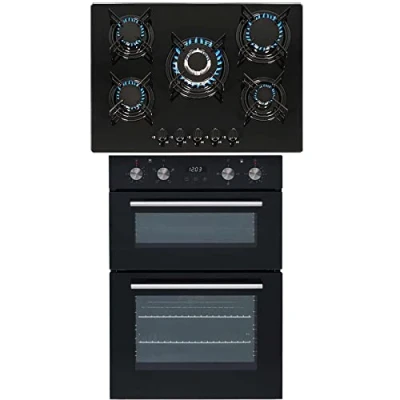 Image of SIA 60cm DO102 Double Built In Electric Fan Oven &amp; GHG713BL 5 Burner Gas On Glass Hob With Enamel Pan Stands