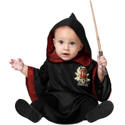 Image of Atosa 74323 Disfraz Estudiante de Mago Bebé Túnica Negra Con Capa Harry Potter Costume, Black/White, 24 Meses