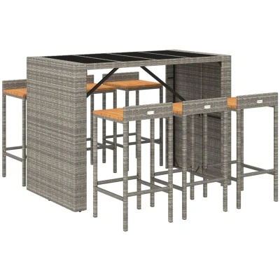 Image of vidaXL 7 Piece Garden Bar Set Grey Poly Rattan&amp; Solid Wood Acacia