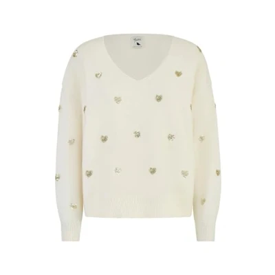 Image of Yumi Womens Cream Sequin Heart V Neck Jumper Ivory Size Small/Medium