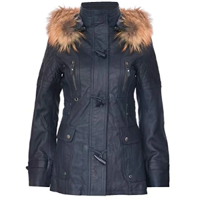 Image of Women&#039;s Navy Blue Quilted Leather Parka Jacket with Detachable Hood XL
