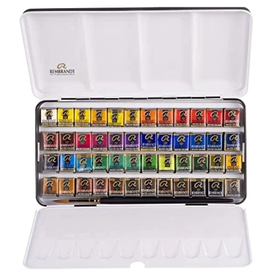 Image of Talens : Rembrandt Watercolour Set 48 Half Pan Plus brush in Metal box