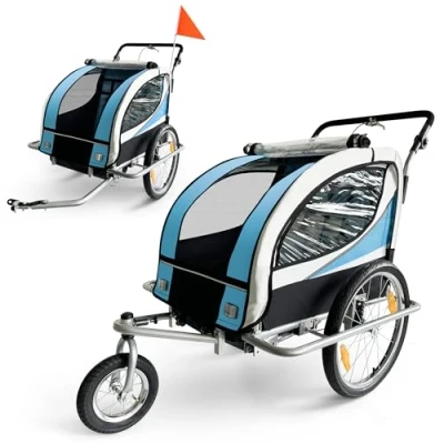 Image of SAMAX Children Bike Trailer 2in1 Kids Jogger Stroller with Suspension 360 rotatable Childs Bicycle Transport Buggy Carrier for 2 in Blue Silver Frame