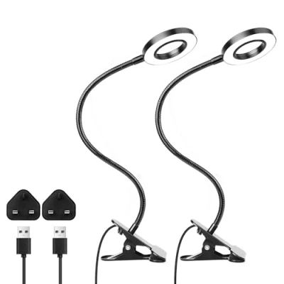 Image of Woputne Desk Lamp Clip on Light with Adapter, 10 Brightness 3 Color Modes Reading Light, LED Clamp Bedside Book for Painting Craft Study, Table, Headboard (2 pcs, Black)