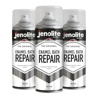 Image of JENOLITE Enamel Bath Repair Aerosol WHITE GLOSS 3 x 400ml Super Hardwearing &amp; Durable Finish Paint Scratches On Baths, Shower Trays, Sinks, Kitchen Appliances