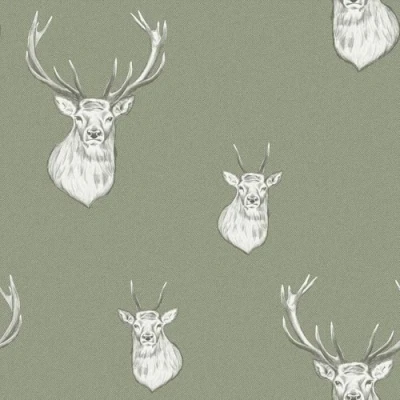 Image of YöL Stag Woodland Sage Green Wallpaper Animal Print Trendy Stylish Feature Wall Lightly Textured Paper