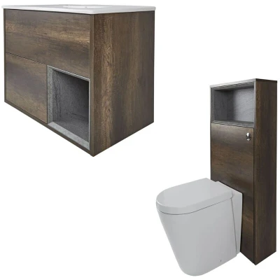 Image of Milano Bexley Dark Oak 810mm Bathroom Vanity Unit with Toilet WC and Back to Wall Pan